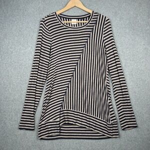 Cabi Top Womens Small Blue Beige Striped Long Sleeve Casual Asymmetrical 3228